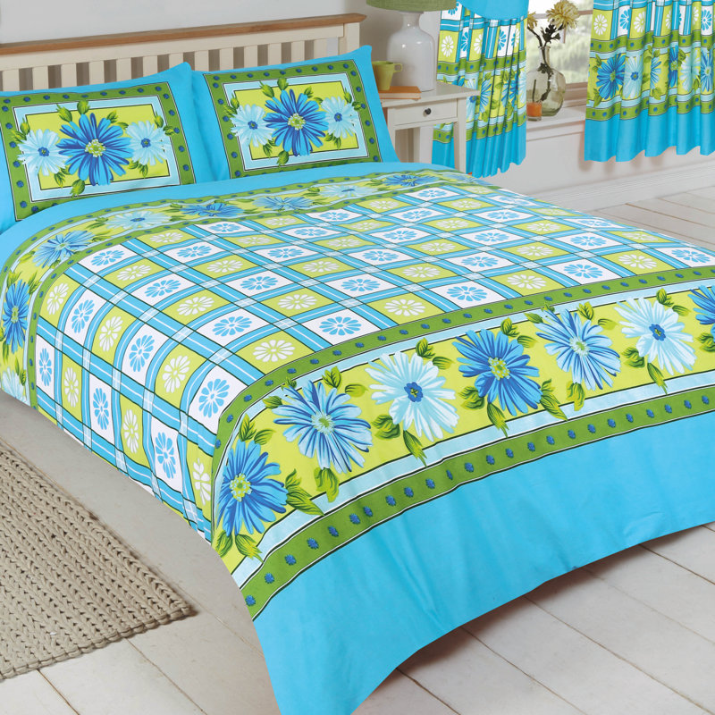 Daisy Check Rizo 132 TC Duvet Cover Set, Azure, Double Duvet Cover + 2 Standard Pillowcases
