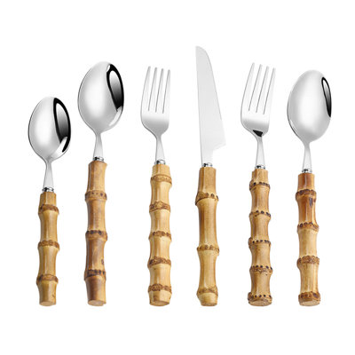 Ensemble de couverts 16 pièces en acier inoxydable 304 avec poignées en bambou: couteaux, fourchettes, cuillères pour hôtels / restaurants