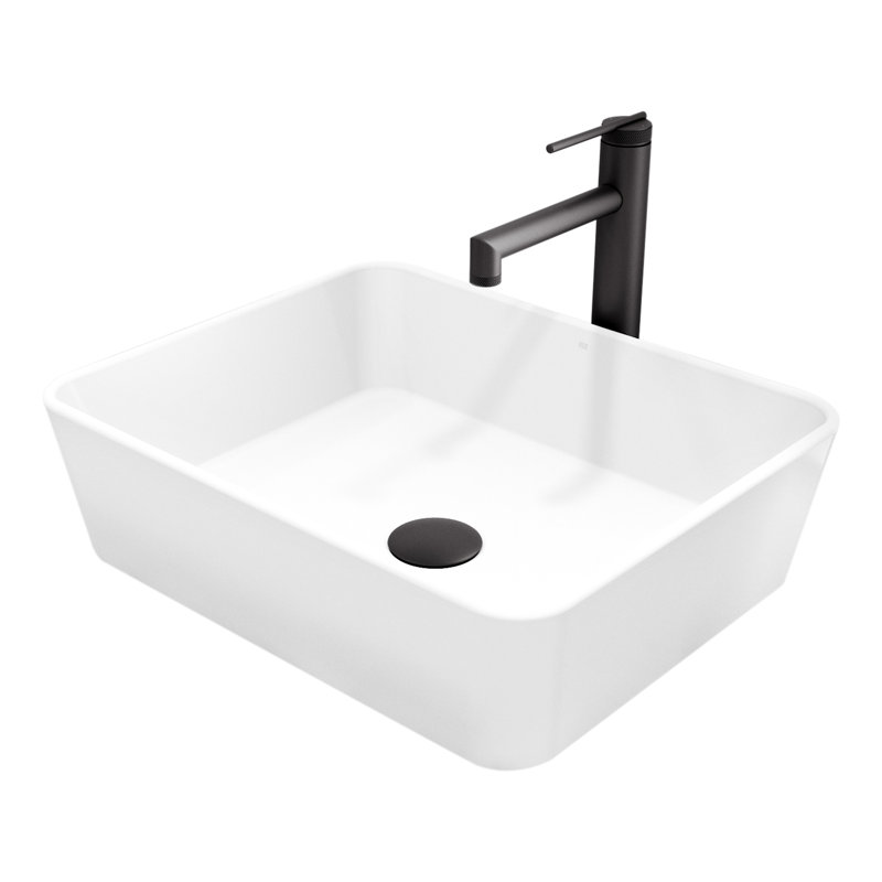 Lavabo de salle de bain vasque rectangulaire en pierre blanche matte avec robinet H 11 po Marigold