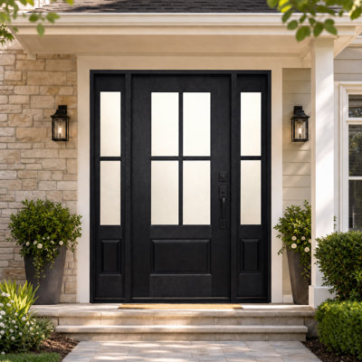Contemporary 60 in. x 80 in. Black Fiberglass Prehung Front Door with Dual 12 in. Sidelites and Rain Low-E Glass