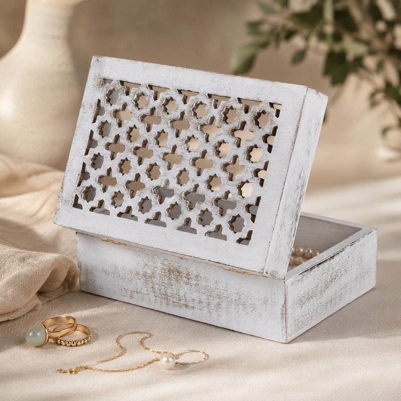 Boîte à bijoux en treillis, Blanc vieilli, H 4 po x l 10,5 po x P 7,5 po