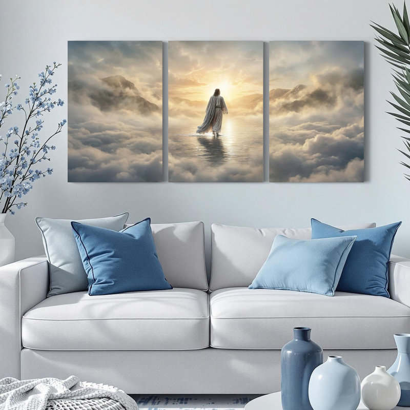 Ensemble de 3 tableaux religieux sur toile tendue représentant Jésus marchant sur les nuages, 2436