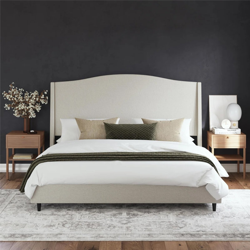 Lit plateforme tapissier à oreilles avec tête de lit incurvée Ana, Très grand lit, Cream Linen