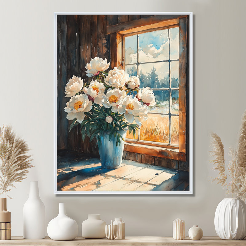 Barner pivoines dans la grange d'hiver II - pivoines, art mural, H 32 po x l 16 po, Reproduction avec cadre flottant, Blanc