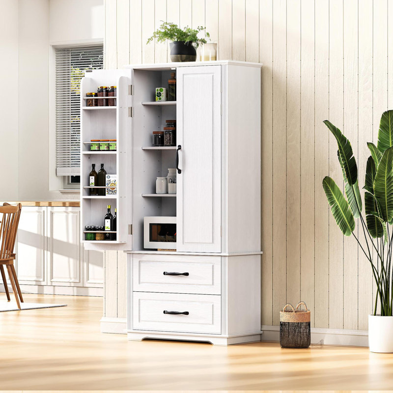 71" Farmhouse Kitchen Pantry Cabinet With 2 Large Drawers,Embossed Texture Freestanding Cupboard Cabinet With 8 Door Shelves And 3 Cabinet Shelves For Kitchen,Dining Room,Living Room,Laundry,White