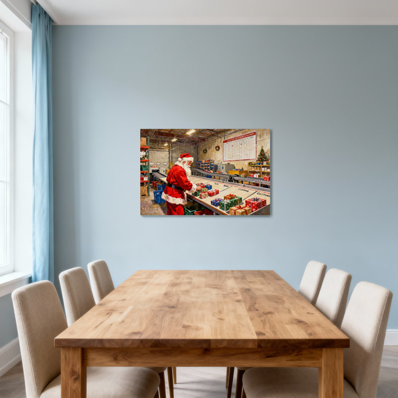 «Christmas Santa Claus Sorting Gift On Conveyor ceinture» - reproduction de photo encadrée sur toile, H 12 po x l 18 po