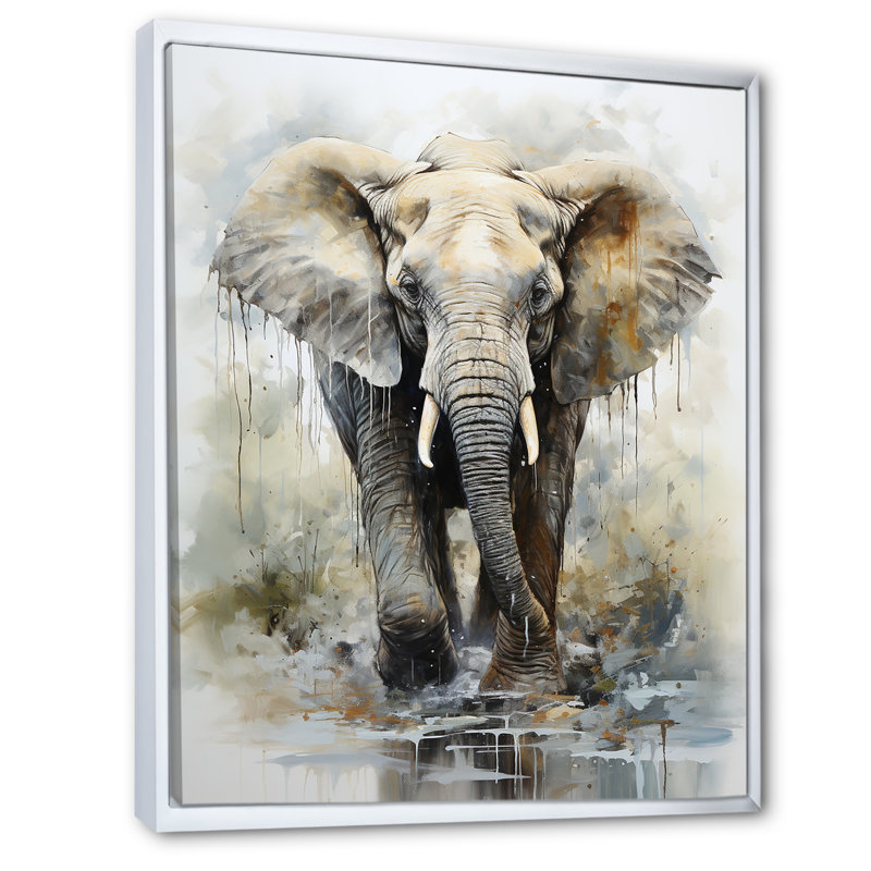 Éléphant élégant en mouvement I sur toile, Cadre flottant blanc, H 20 po x l 12 po x P 1 po