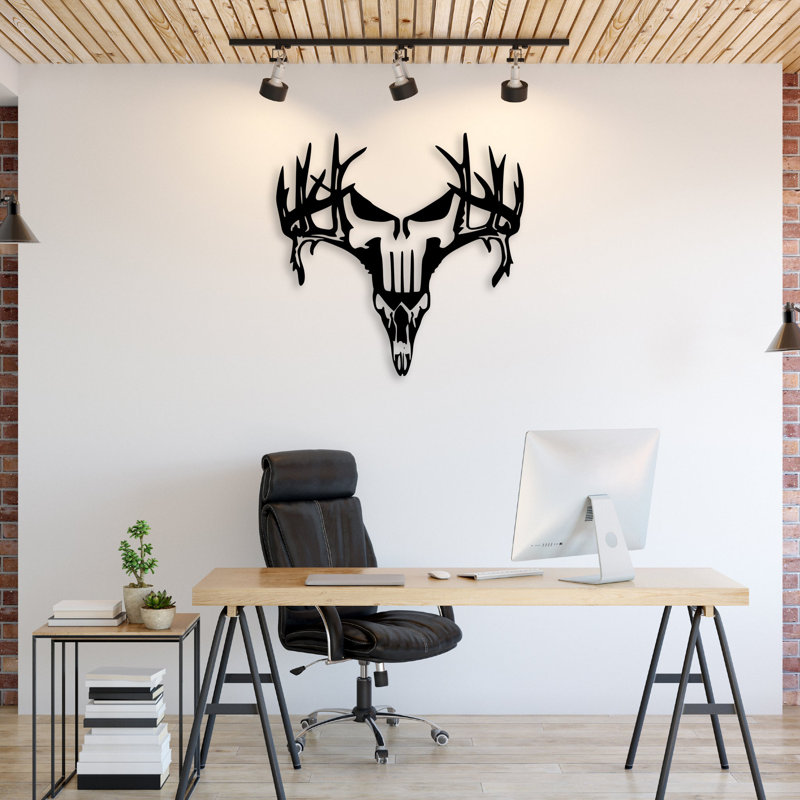 Deer Metal Wall Art - Hunting Wildlife Skull Design Decor - Deer Antler Silhouette Wall Hanging - Rustic Cabin Lodge Theme Sculpture - Modern Industrial Metal Art - Outdoor Adventure Home Decor - Bold Statement Art Piece