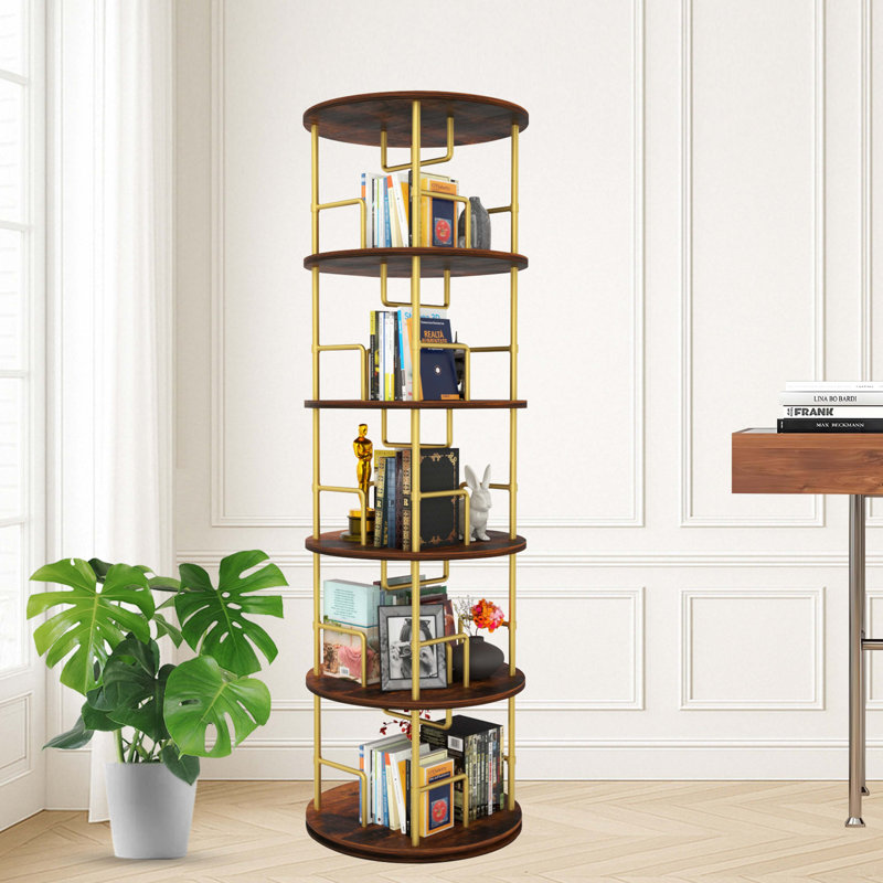 5 Tier Rotating Bookshelf, 360° Display Round Spinning Bookshelf,  Wood & Metal Stackable Spinning Bookshelf Tower, Space Saving Floor Standing Swivel Bookcase For Bedroom, Living Room, Office, Gold