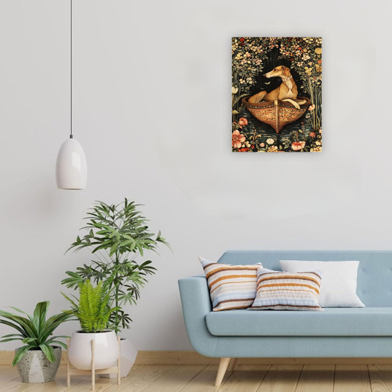 Brun, forêt, chien, bateau, bateau, art mural, décoration intérieure 24 x 18 po