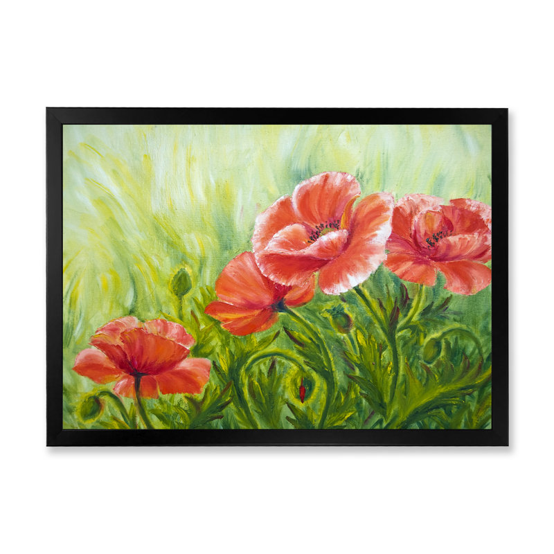 «Red Blossoming Poppies III», peinture sur toile, Toile encadrée noire, H 24 po x l 32 po x P 1,5 po