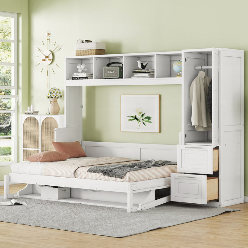 Lit escamotable peu encombrant avec rangement intégré et configuration personnalisable, parfait pour la vie moderne, Blanc