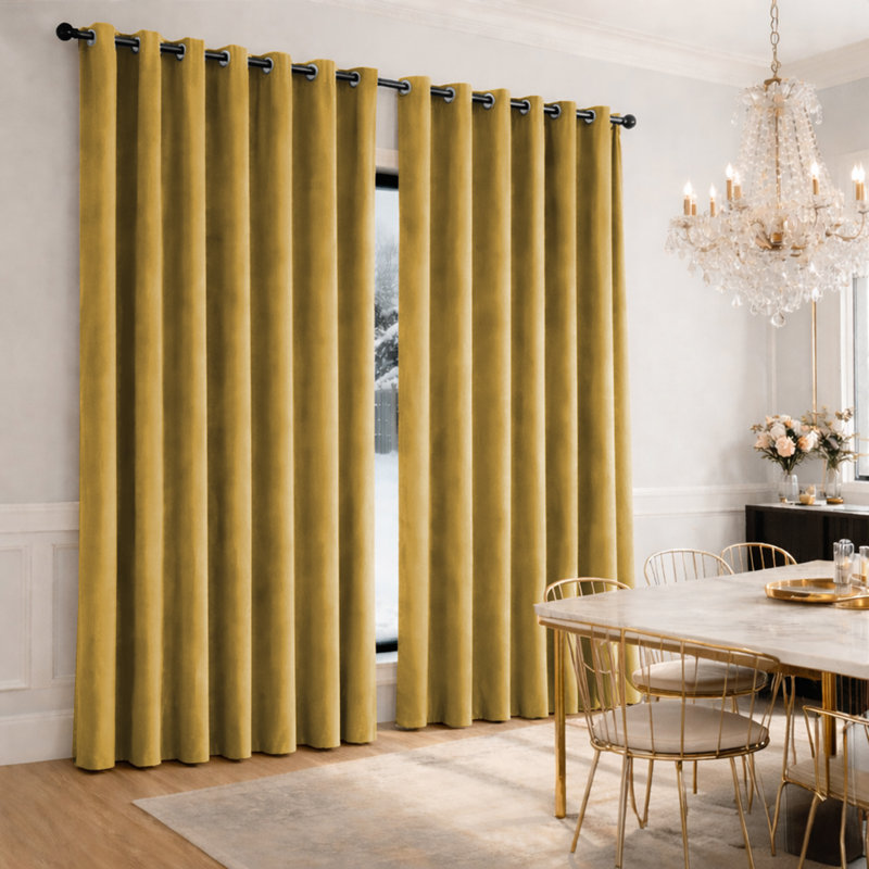 Heavy Velvet Eyelet Ready Made Thermal Drapes & Curtains, Ochre, 168cm Width x 228cm Drop