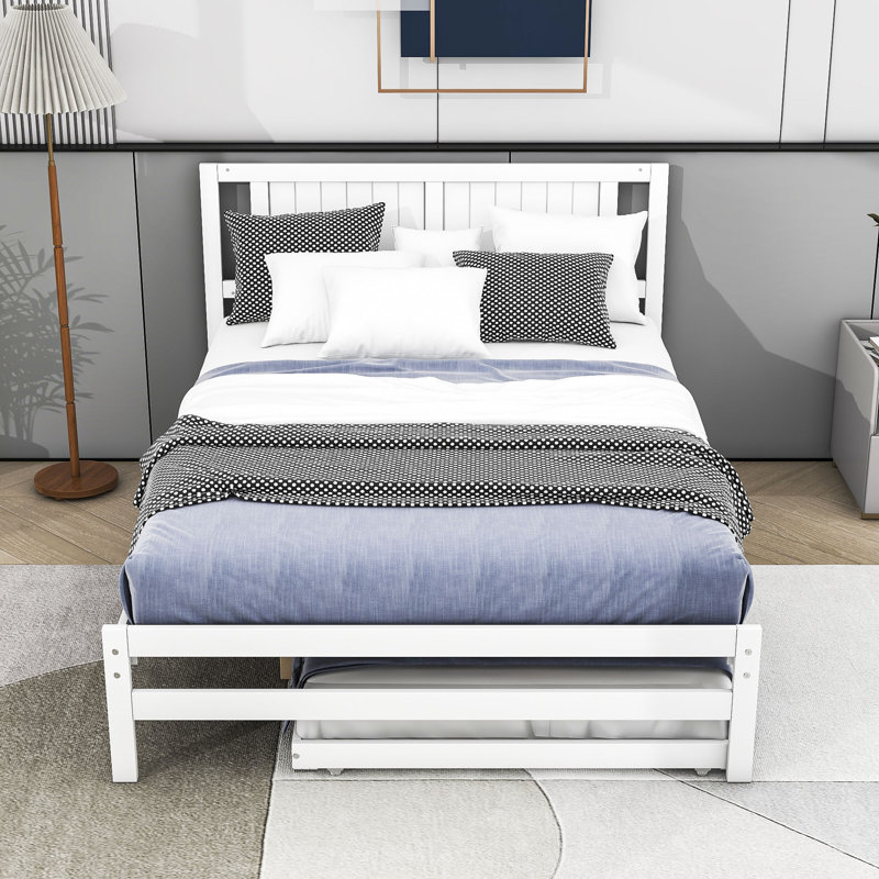 Full Size Wooden Platform Bed with Trundle, White