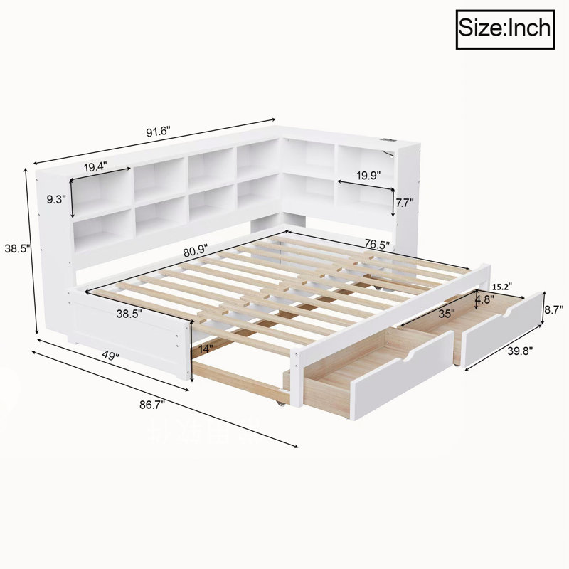 Lit de jour simple à très grand YDT avec deux tiroirs de rangement, armoires de rangement, lumière DEL et ports USB, blanc