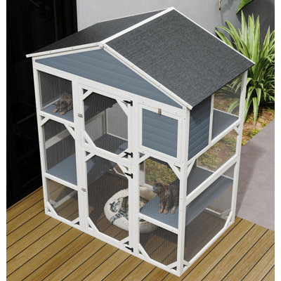 Gray Wooden Catio Outdoor Cat house Enclosure with Waterproof Top, 3 Platforms & 2 Napping House Small Pet Animal Cage