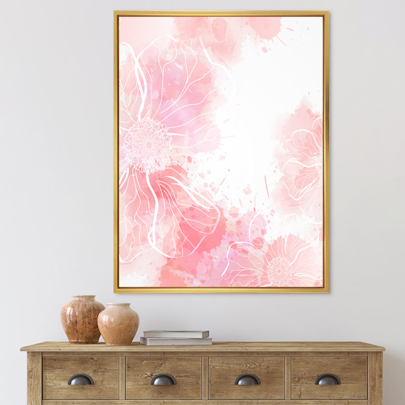 Abstrait fleurs roses éclaboussures I - Impression sur toile, Cadre flottant doré, H 40 po x l 30 po x 1,5 po