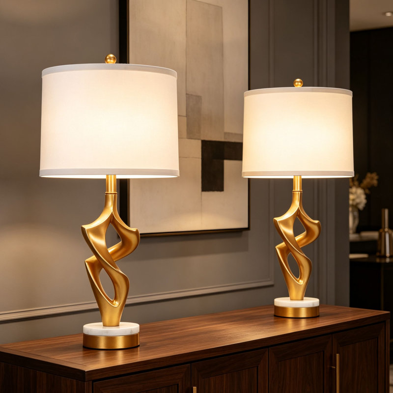 Ensemble de lampes de table hautes en résine 29 po avec ampoules DEL à 3 températures de température et bases sculpturales en résine dorée