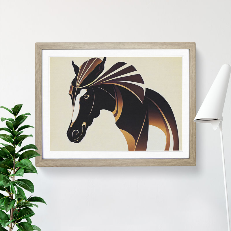 Horse Deco Style Abstract - Single Picture Frame Print, 25cm H x 34cm W x 2cm D, Oak