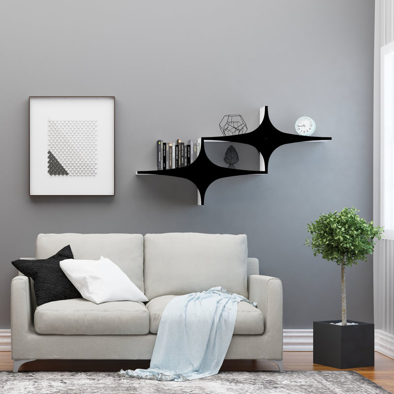 Modern Wall Shelf, Black & White, 53.1 x 27.2 x 7.9 inches | 100% Melamine Coated Particle Board, Thickness: 0.7 inches | Numerous Shelves, Wall-Mountable Design | Perfect for Stylish Home Decor & Organization