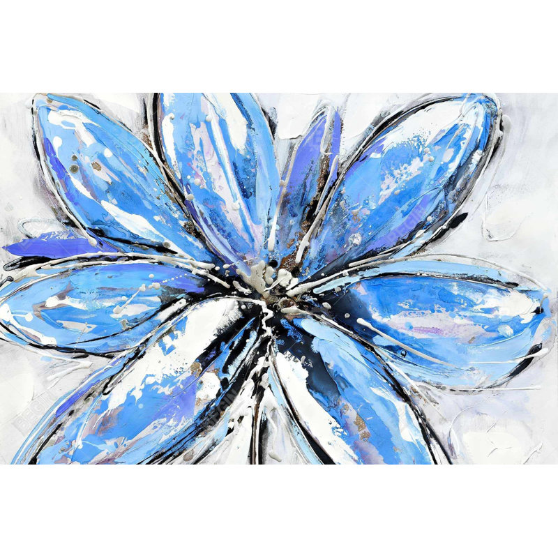 Fleur bleue - Toile botanique contemporaine pour la décoration intérieure, H 36 po x l 24 po, Bleu / blanc / gris