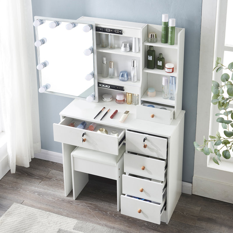 Amarula Small Vanity with LED Light Mirror,Ample Storage Space with 6 Drawers & Detachable Light Bulbs,Dressing Table with Stool for Bedroom