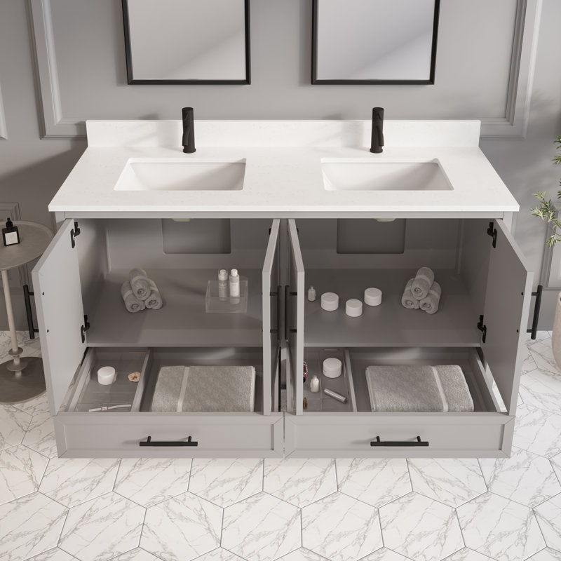 Meuble-lavabo double lavabo Houston II en bois massif, 152 cm (L) x 56 cm (P), gris essentiel, avec rangement discret et comptoir en pierre reconstituée.