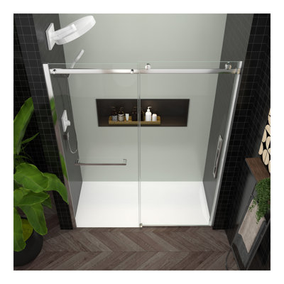 S-RM6076TC l 56-60 po x H 76 po porte de douche coulissante, porte de douche en verre sans cadre avec quincaillerie chromée, barre à serviettes et poignée, livraison directe disponible