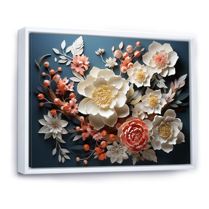 Art asiatique, fleurs éternelles I - impression, Cadre flottant blanc, H 16 po x l 32 po x P 1 po