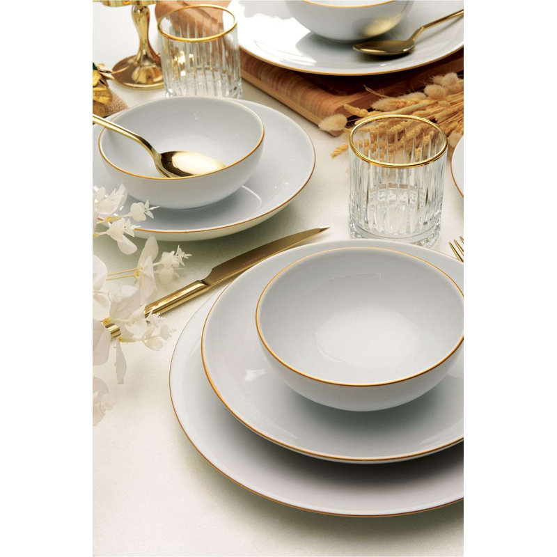 Service de table élégant 18 pièces, blanc et or, 100% porcelaine | Comprend 6 assiettes de service (9,8 po), 6 assiettes (7,9 po), 6 bols (5,1 po) | Va au lave-vaisselle et au micro-ondes | Parfait pour les repas formels, design élégant et durable