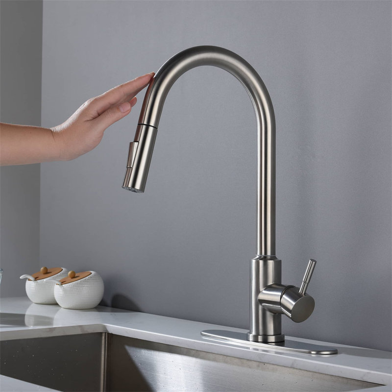 Robinet de cuisine extractible à poignée simple tactile avec conduites d'alimentation, Nickel brossé