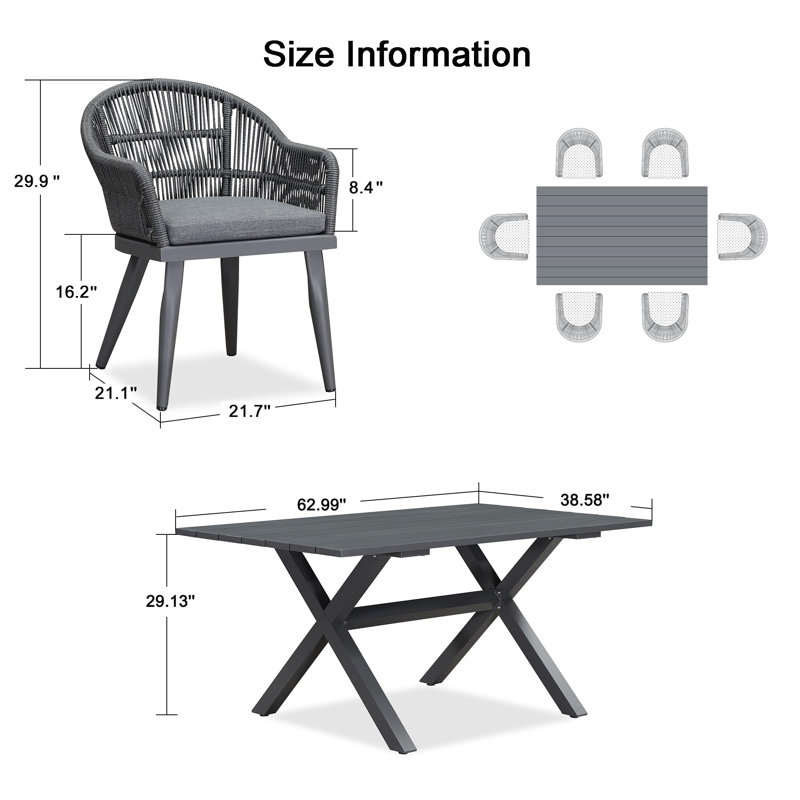 Corrigan Studio  Patio Dining Set With Outdoor Aluminium Dining Table And Woven Rattan Chairs Modern Metal Furniture Cushions Sets For Garden Yard Indoor Decor Kitchen Grey