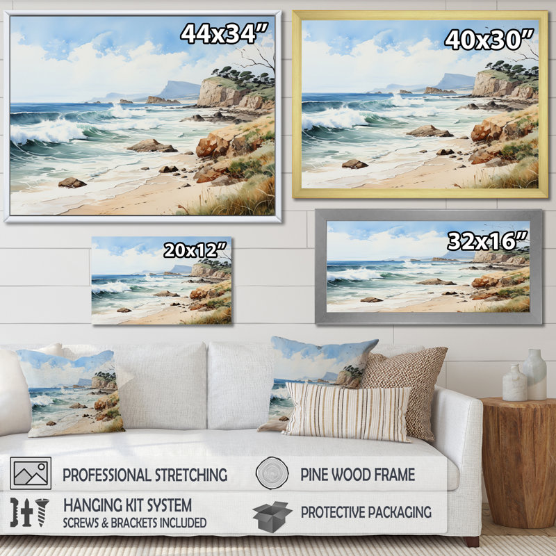Rocky Beach Coastal Serenity I, H 24 po x l 32 po x P 1 po, Cadre simple noir