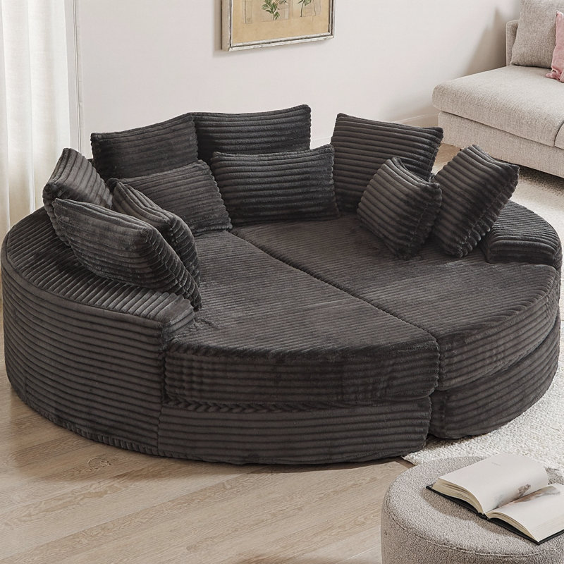 Fauteuil inclinable rond en velours côtelé de 78,5 pouces, convertible en deux fauteuils inclinables séparés ou un canapé-lit, comprend un coussin pour le cou et cinq coussins décoratifs, aucune méridienne à assembler requise