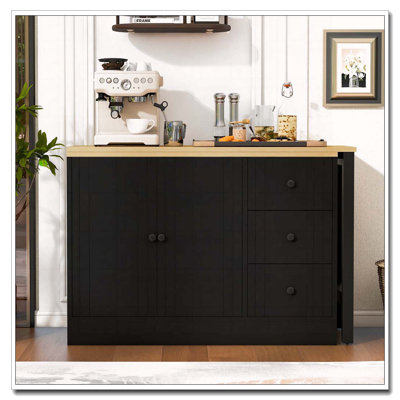 Wooden Sideboard with Extendable Table, Multifunctional Storage Cabinet with 2 Doors and 3 Drawers, for Living Room, Study, Foyer and Kitchen