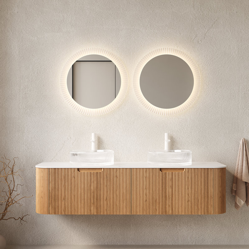 Meuble-lavabo mural 60 po avec double vasque en verre et deux tiroirs Annora, Transparent Glass, 60"