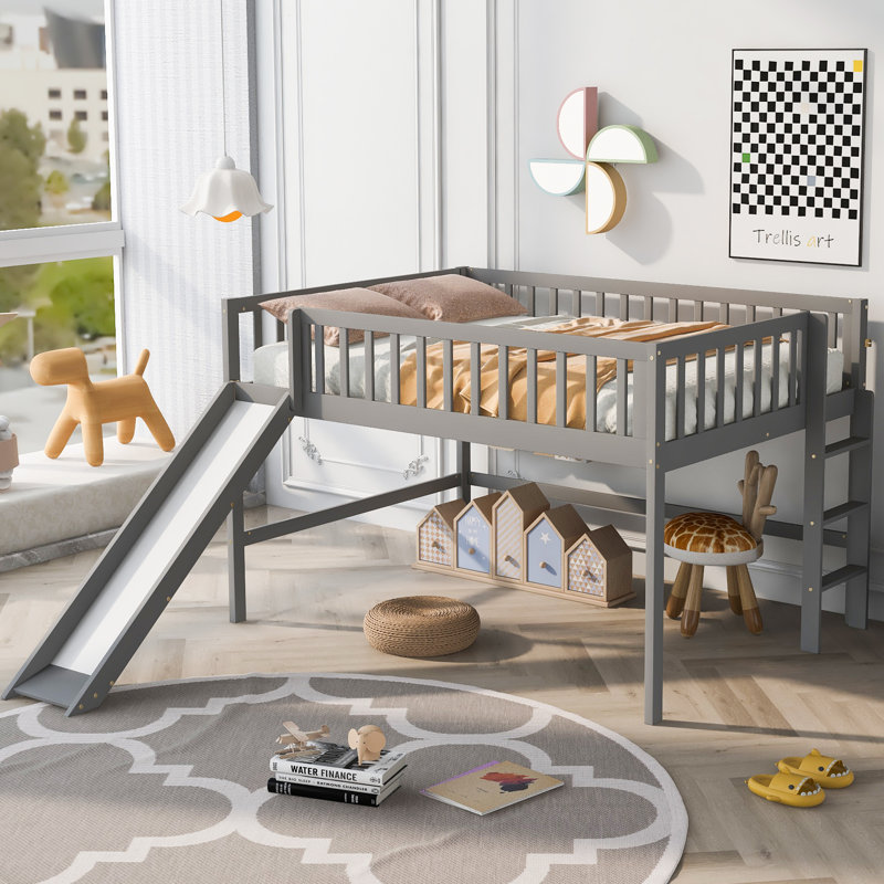 Lit mezzanine bas double avec échelle et toboggan, gris / double, Gris