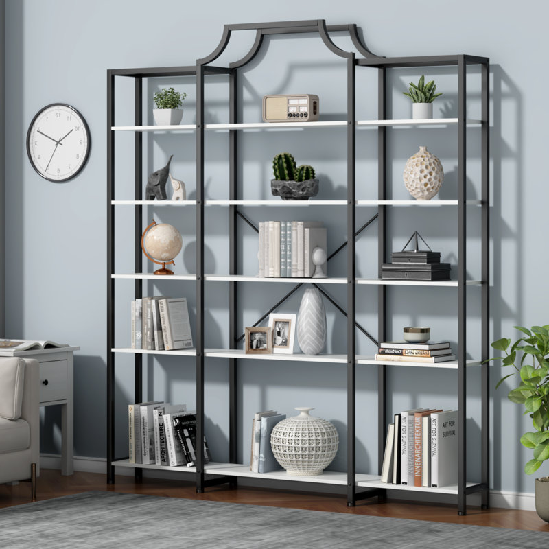 Kaeb Triple Wide 5-Tier Bookshelf, 70.87" L x 79.13" H Extra Large Bookcase, Tall Metal Display Shelf, Black/White