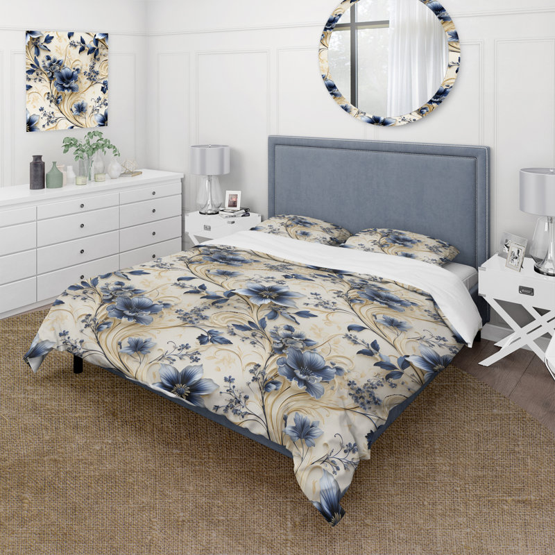 Cobalt Blue Filigree Vines Victorian Pattern II Duvet Cover, King Duvet Cover + 2 King Shams