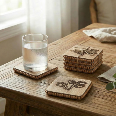 Set Of 4 Beaded Square Acorn Etched Coasters