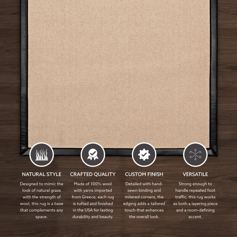 Nannette Handmade Light Beige Berber with Black Faux Leather Border Made in the USA Area Rug, Rectangle 8'9" x 12'