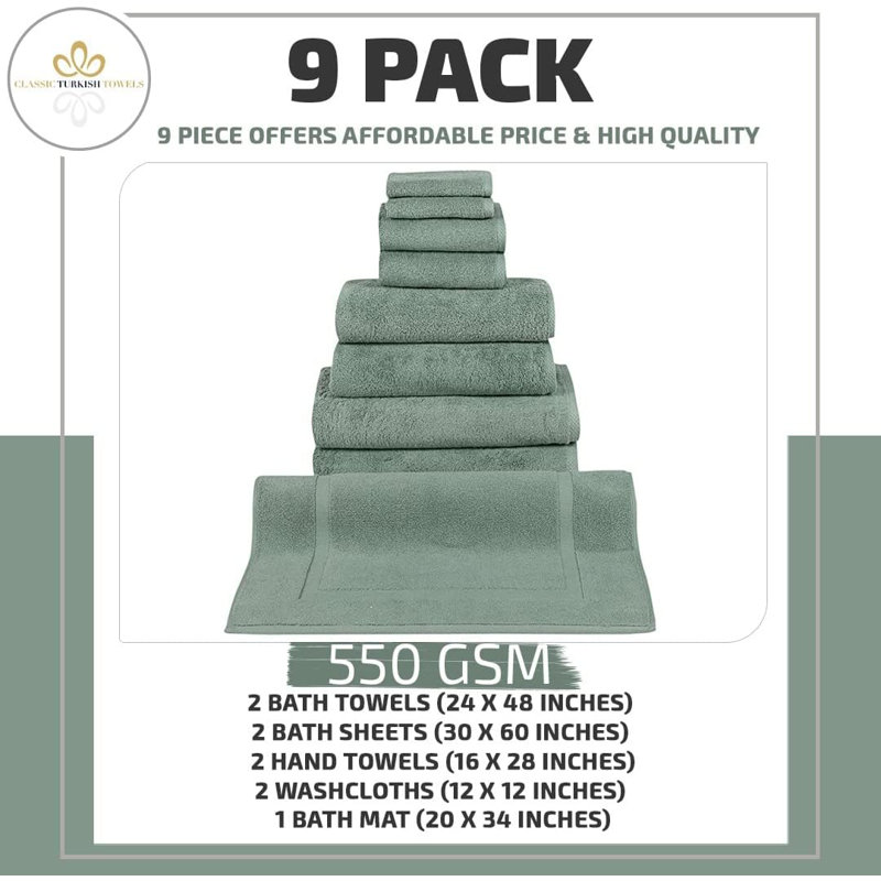 Blatec 9-Piece Guest Room Bath Towel Set with Bath Mat, Green