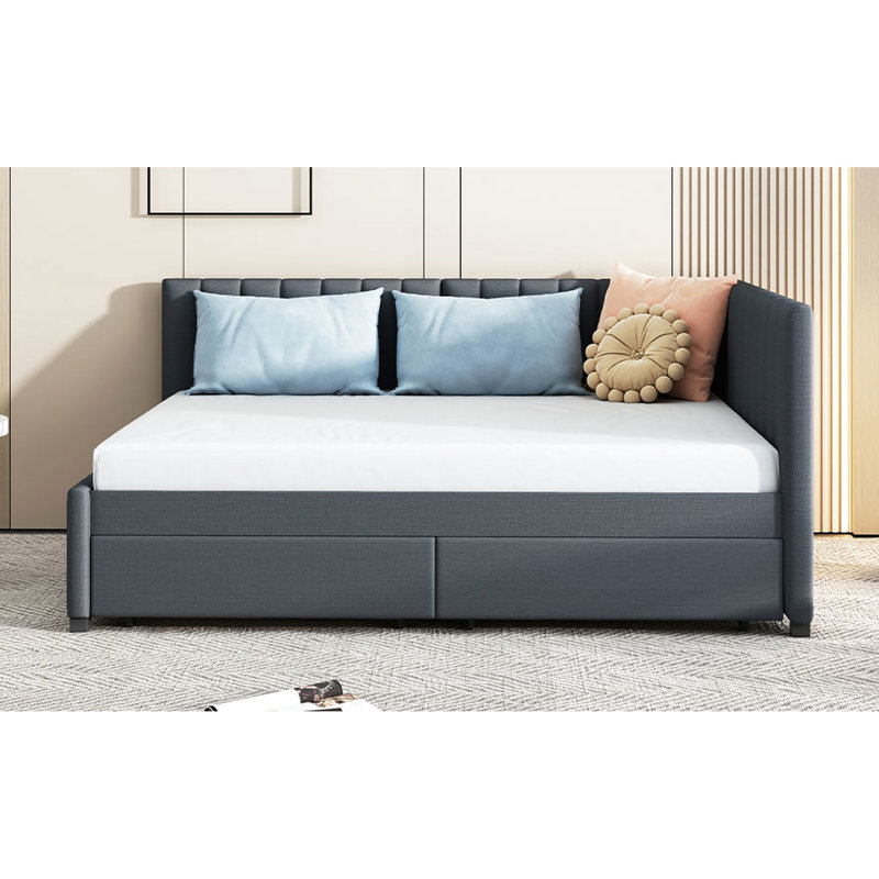 Lit de jour double en tissu de lin et 2 compartiments de rangement, gris. Structure de lit sans sommier tapissier pour un espace de sommeil confortable Revêtement gris. Robuste votre confort