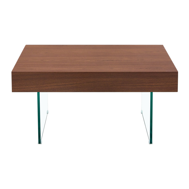 Table basse carrée en panneau de fibres à densité moyenne noyer avec pieds en verre trempé pour des espaces de vie élégants