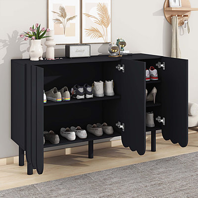 Minimalist Shoe Cabinet with 5 Solid Wood Legs, Sideboard Buffet Cabinet with Adjustable Shelves, Large Storage Cabinet with Wave Doors