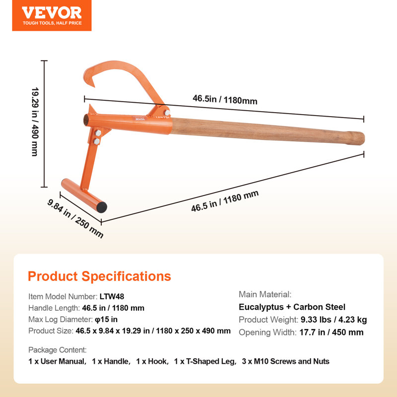 VEVOR Timberjack 46.5 in Heavy Duty Log Lifter Wooden Handle for Max 15" Dia Logs