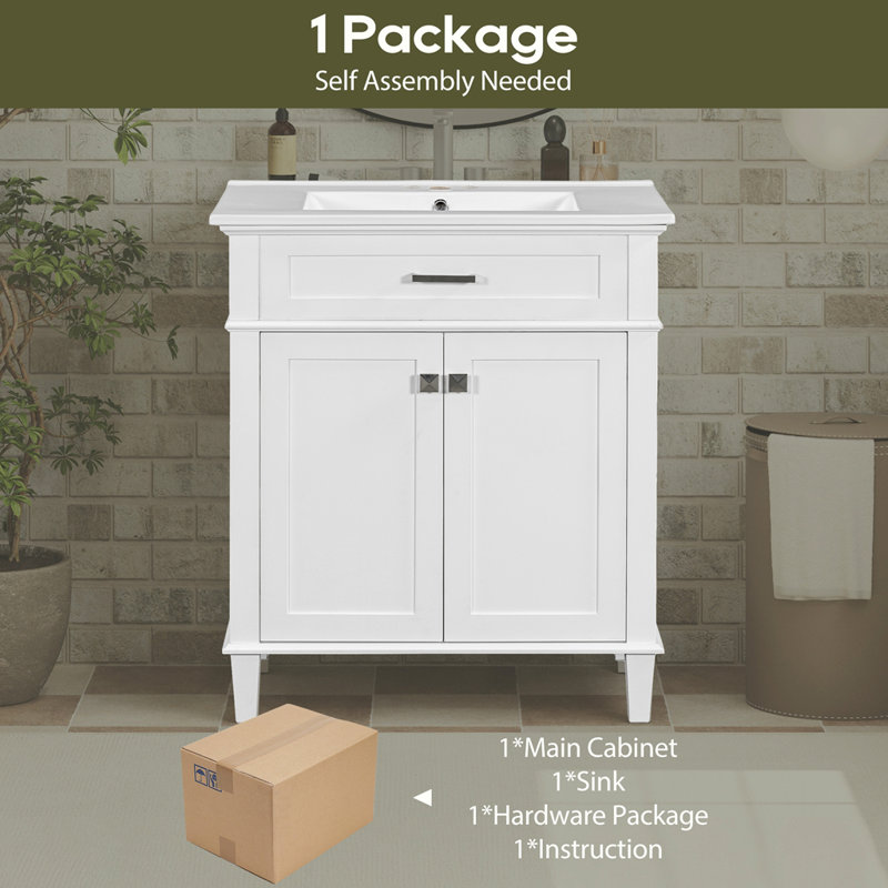 meuble-lavabo avec lavabo en céramique, porte à fermeture douce et tablettes réglables, Blanc, Argent argent