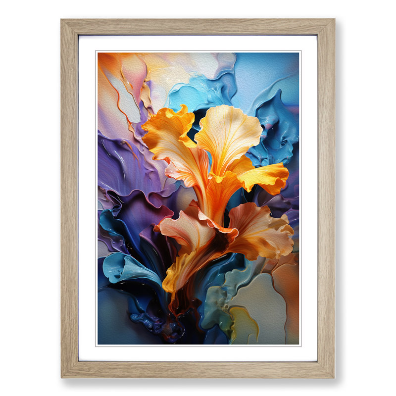 Iris Flower Action Painting - Single Picture Frame Print on Wood, 64cm H x 46cm W x 2cm D, Oak Framed