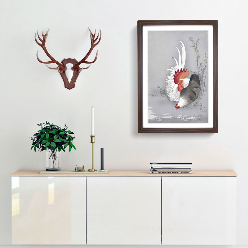 Rooster & Chicken by Ohara Koson - Picture Frame Graphic Art Print, 50cm H x 35cm W x 2cm D, Walnut