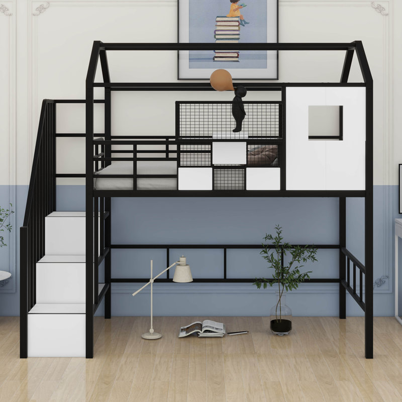Twin Size Metal Loft Bed With Roof Design And A Storage Box, Black
